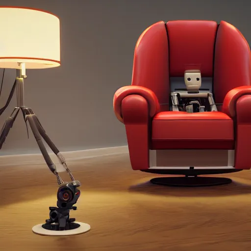 Image similar to futuristic lonely matte brown and red full-body humanoid robot with two huge round expressive sad LED eyes and open rectangular mouth sitting on a large comfortable cushioned 1950s vintage recliner reading a newspaper. open newspaper. Cinematic Movie Photograph, Arri Alexa, Extremely Detailed, smooth, very very clean, 8K, octane render, maya render, unreal engine, trending on artstation, DSLR, excellent composition, center frame