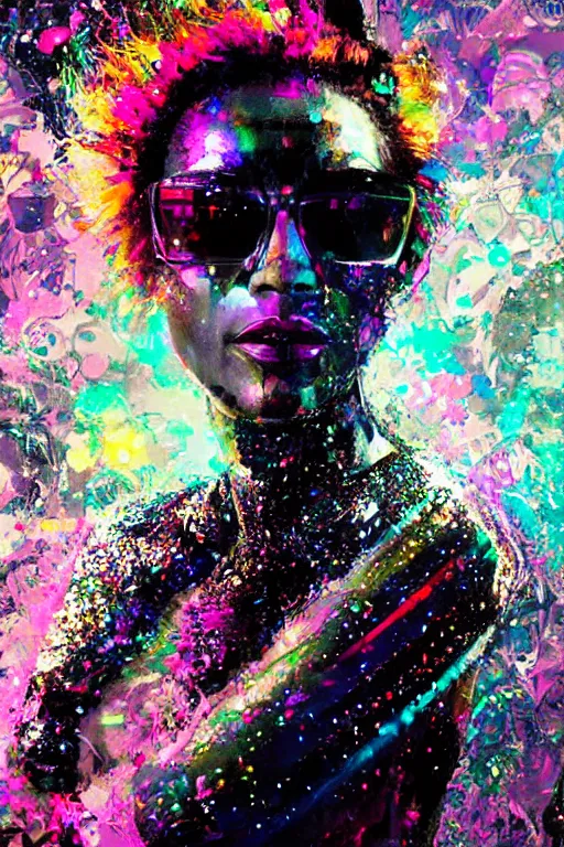 Prompt: portrait, headshot, digital painting, an delightfully mad techno - shaman lady, synthwave, glitter, glitch, fracture, crystal explosion, realistic, hyperdetailed, chiaroscuro, concept art, painterly, art by john berkey