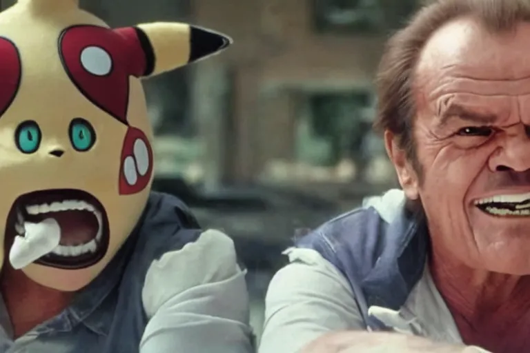 Image similar to Jack Nicholson plays Pikachu Terminator, his inner endoskeleton is exposed, still from the film