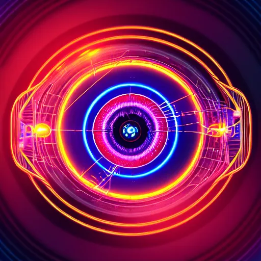 Image similar to horizontal centered neon cyberpunk distortion field electron tube with concentric data rings around it, glowing, fantasy, networking, camera shutter iris, singularity, clouds, circuitry, explosion, dramatic, intricate, elegant, highly detailed, digital painting, network, artstation, concept art, smooth, sharp focus, illustration, octane render