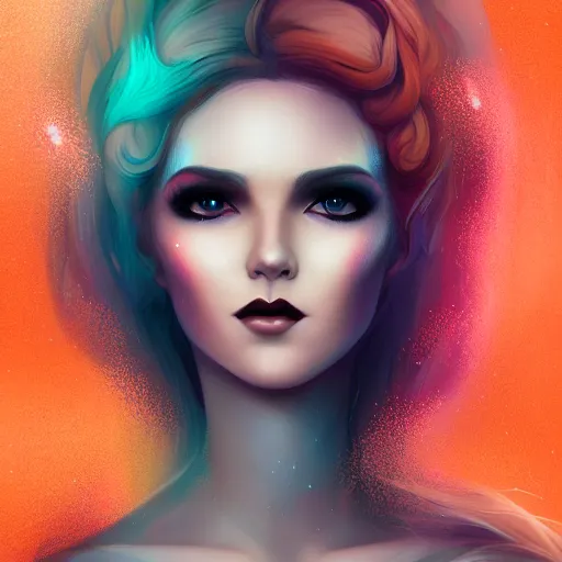Image similar to portrait of a woman inspired by lois van baarle, charlie bowater, anna dittmann, illustration, iridescent, iridescent hair, face, hair styles, gothic makeup, glitter, self confidence, cinematic 8 k