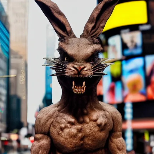 Image similar to a realistic renaissance sculpture of a very scary bunny with sharp teeth made by michelangelo, standing in times square, 3 d render, hyper detailed, sharp focus, 8 k resolution