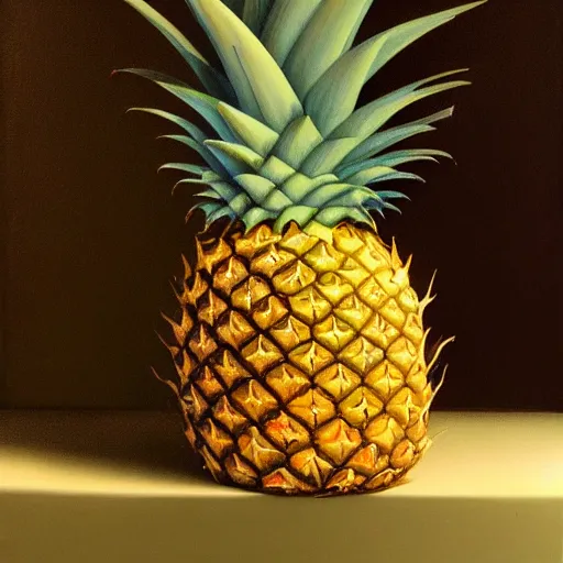 Prompt: A beautiful still life oil painting of a pineapple lying on a silk cloth, fog, volumetric lighting, summer, hyperrealistic, hyperdetailed.