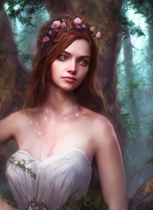 Prompt: portrait of a gorgeous princess of the forest, 8k render, ultra realistic, cinematic lighting, artstation, Annie Leibovitz, artgerm