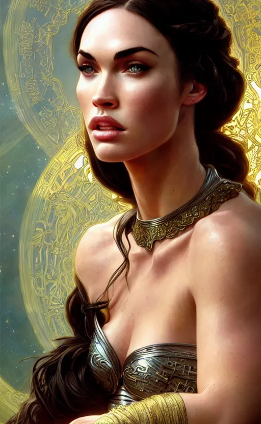 Image similar to portrait of megan fox as the goddess circe, greek mythology, intricate, headshot, highly detailed, digital painting, artstation, concept art, sharp focus, cinematic lighting, illustration, art by artgerm and greg rutkowski, alphonse mucha, cgsociety