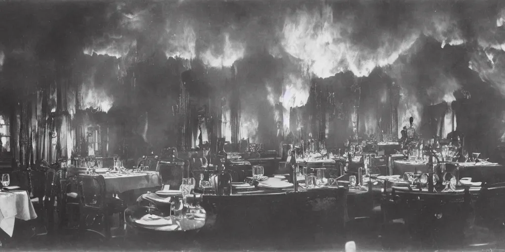 Image similar to the interior of a luxury restaurant that is burning while monsters appear in the background, 1 9 0 0 s photograph