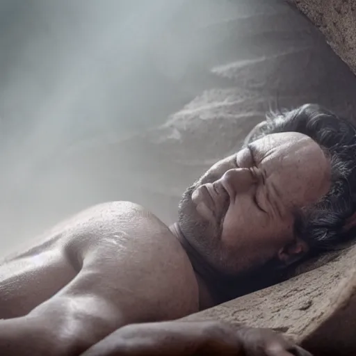 Image similar to close - up of a priest sleeping in a large clay pot, foggy, sun rays, cinematic shot, photo still from movie by denis villeneuve