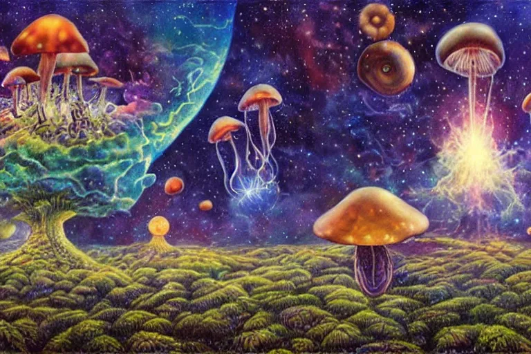 Image similar to how magic mushrooms can take us to the farthest reaches of innerspace, painting by james gurney