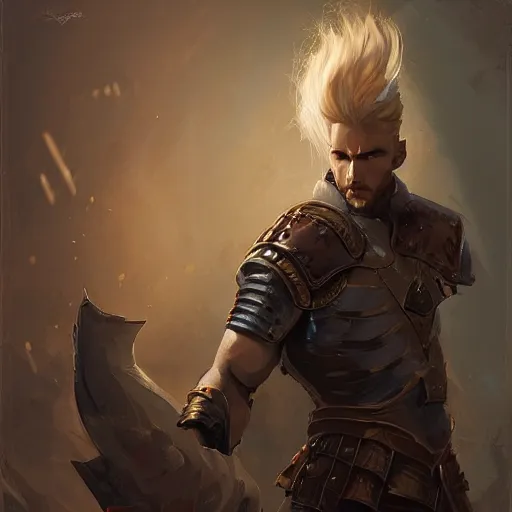 Image similar to portrait of a muscular, grim, ponytail haired blonde man in his late 30's with only one arm armored, wearing a thick brown leather coat, looking to his side, hunter, DnD character, fantasy character, digital art by Ruan Jia, Krenz Cushart, Rossdraws