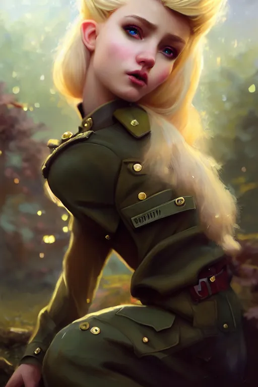 Image similar to cinematic shot of an epic portrait of a cute blonde fairy dressed in military clothes, stylised military clothes, shiny skin, beautiful eyes, beautiful, small details, night setting, realistic poster with volumetric light from craig mallism, artgerm, jeremy lipkin and michael garmash, unreal engine, radiant light, digital art, trends at art station, a masterpiece