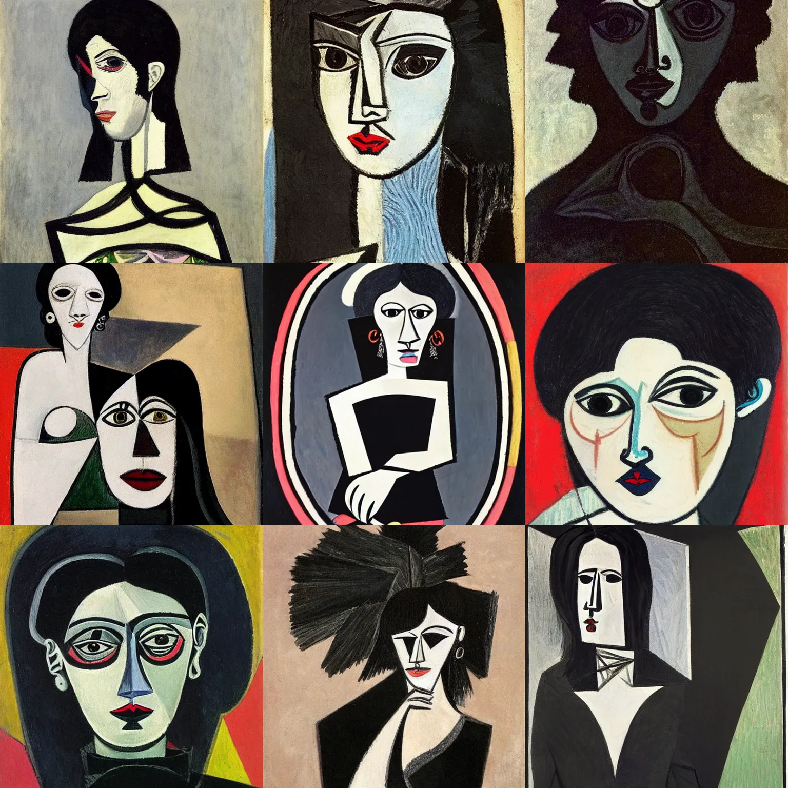 Prompt: A goth portrait painted by Pablo Picasso. Her hair is dark brown and cut into a short, messy pixie cut. She has large entirely-black evil eyes. She is wearing a black tank top, a black leather jacket, a black knee-length skirt, a black choker, and black leather boots.
