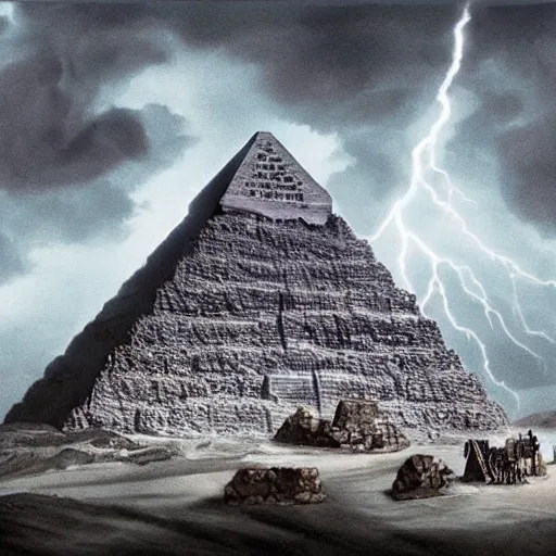 Image similar to Zues guarding the pyramid of Cheops, dessert, ancient world, realistic, god, dramatic lightning, very detailed, concept art,