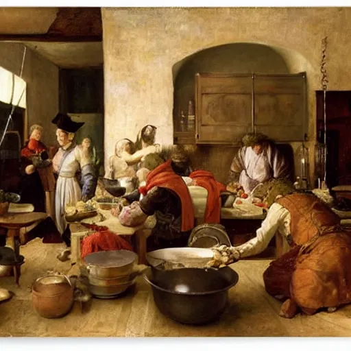 Prompt: Dramatic renaissance scene of cooking in the kitchen, by Greg Rutkowksi and Ilya Repin