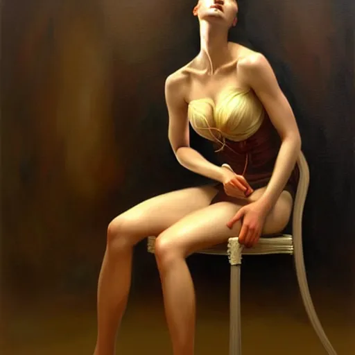 Image similar to a beautiful woman tied to a chair using spaghetti, painting by Charlie Bowater and Gerald Brom