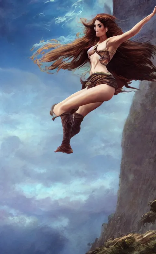 Prompt: photorealistic image of beautiful victorian female jumping gainer from a cliff fantasy warrior goddess, wind blown hair, seductive, confident, Neil Blevins, Frank frazetta, arney freytag, Magic the gathering,octane,