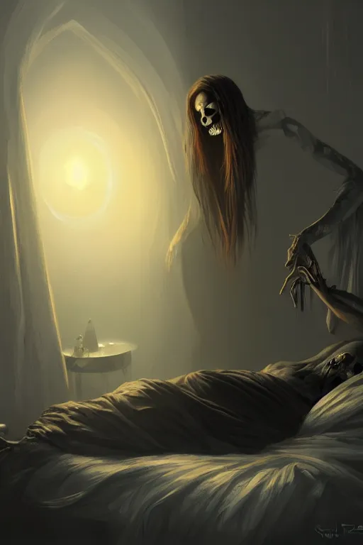 Image similar to death waking up from the bed , death is wearing black robe, sunrise coloring the room,fantasy, intricate, elegant, highly detailed, digital painting, artstation, concept art, smooth, sharp focus, illustration, art by Ilja Repin