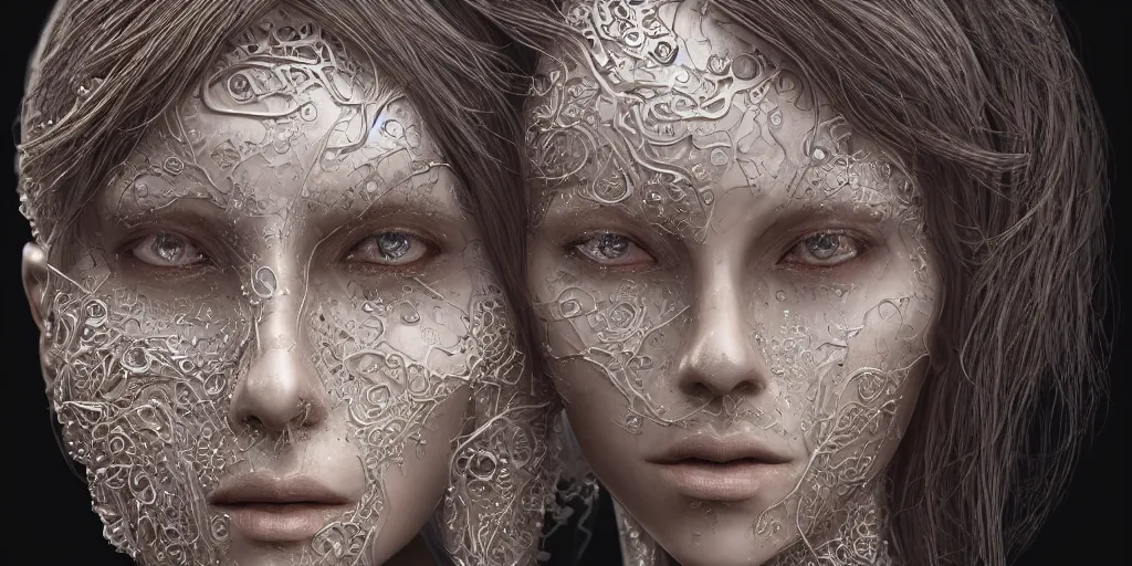 Image similar to realistic photography of a beautiful cyborg androgynous humanoid, holding close, in liquid, intricate filigree, in the style of beth cavener, jin kagetsu, wlop, highly detailed, symmetry, masterpiece, concept art, ringflash, highkey lighting, ambient lighting, octane render, 8 k, artstation