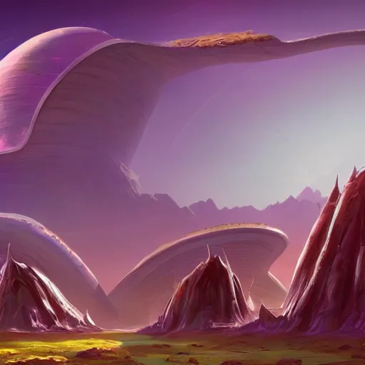 Prompt: alien architecture with curved buildings on alien planet with mountains and craters and lakes and luminous alien plants 4k detailed colorful magical realism painting trending on artstation