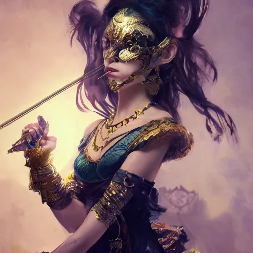 Image similar to the portrait, masked female violinist, exotic costumes, gold jewelry, black hair ， illustration by wenjun lin, irakli nadar, bright colors, octopath traveler, wenjun lin, unreal engine 5 highly rendered, global illumination, radiant light, detailed and intricate environment
