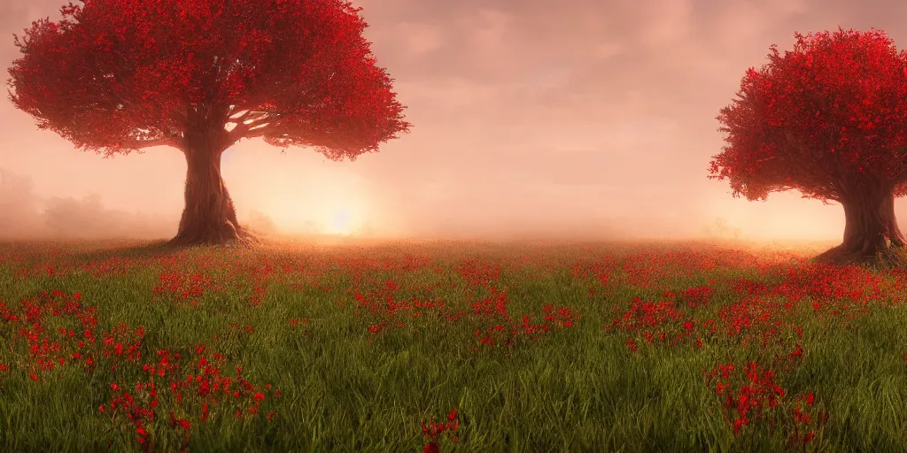 Image similar to a big red tree in the middle of a battlefield near a bunch of red flowers at sunrise, hyperrealistic, concept art, octane render, unreal engine 5, trending on Artstation, high quality, 8K, dramatic lighting, cinematic, high coherence, highly detailed, Midjourney style, epic scene, path traced, low contrast, complementary colors