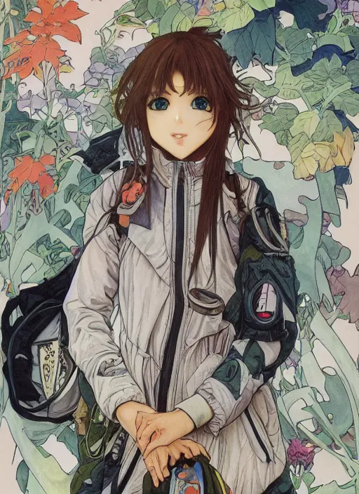 Prompt: a copic maker manga illustration by yoshiyuki sadamoto and lois van baarle and alphonse mucha of a japanese girl highly detailed big eyes wearing streetwear anorak and a pilot suit lots of zippers, pockets, synthetic materials, by issey miyake and balenciaga 8 k