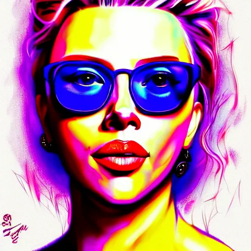 Prompt: An extremely psychedelic portrait of Scarlett Johanson wearing sunglasses, surreal, LSD, face, detailed, intricate, elegant, lithe, highly detailed, digital painting, artstation, concept art, smooth, sharp focus, illustration