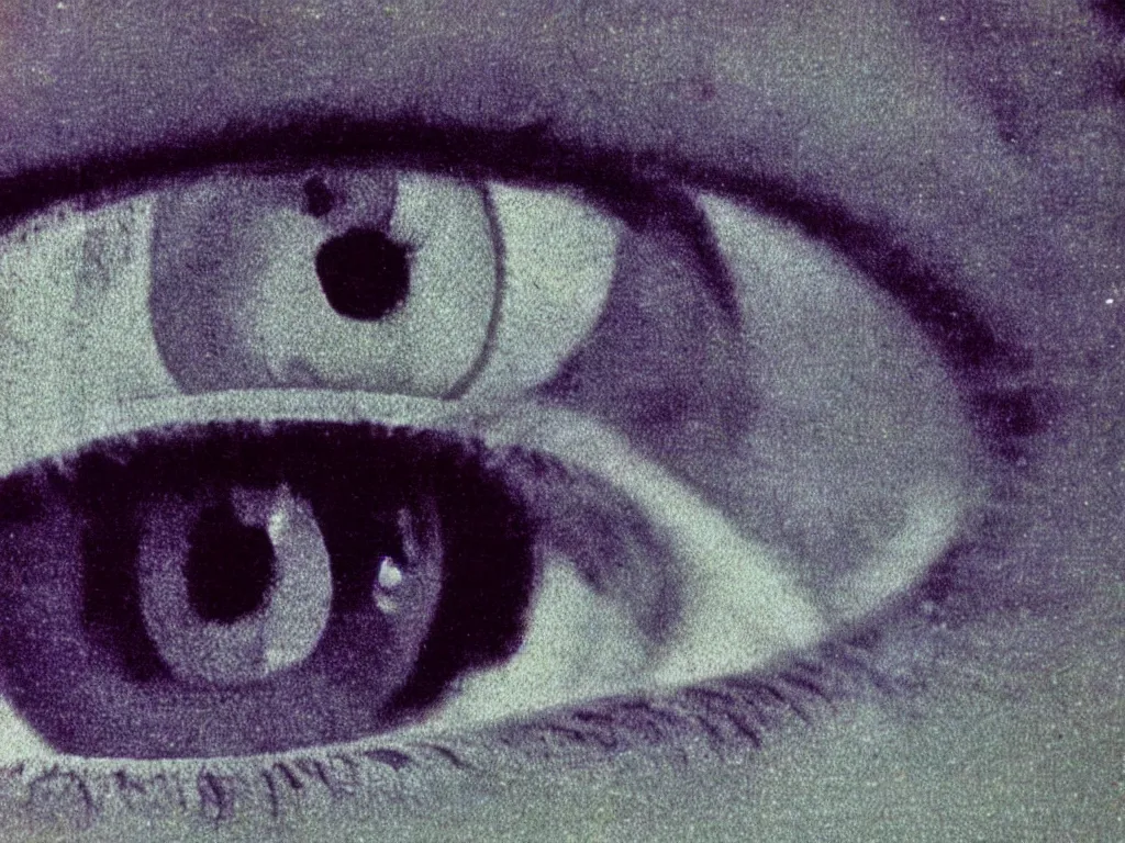 Image similar to vintage 90s VHS video still of a close up on psychic eyes , retro TV, noise, hue