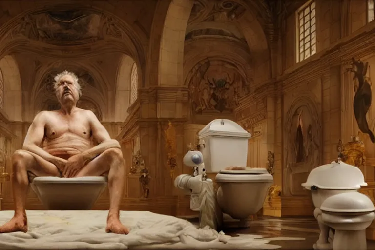 Image similar to hyperrealism aesthetic ridley scott and caravaggio and denis villeneuve style photography of a detailed giant, siting on a detailed ultra huge toilet in surreal scene from detailed art house movie in style of alejandro jodorowsky and wes anderson