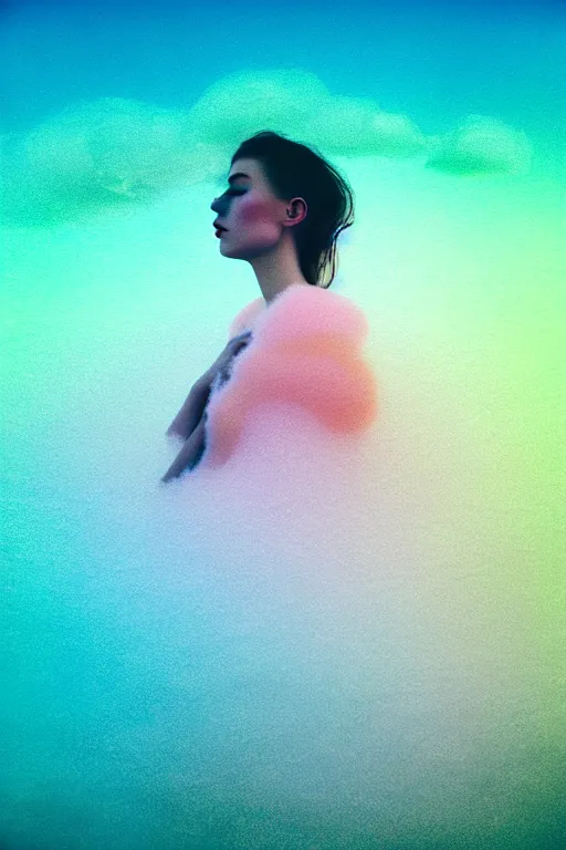 Image similar to high quality pastel coloured film close up wide angle photograph of a model wearing clothing swimming on cloud furniture in a icelandic black rock!! environment in a partially haze filled dreamstate world. three point light, rainbow. photographic production. art directed. pastel colours. volumetric clouds. pastel gradient overlay. waves glitch artefacts. extreme facial clarity. 8 k. filmic.