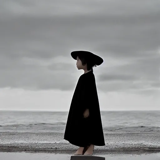 Image similar to A creature 5 meters tall, in a black chiffon layered robe, in a fancy hat and a little girl look into the distance on the seashore,style of Hiroshi Sugimoto::atmospheric illustration