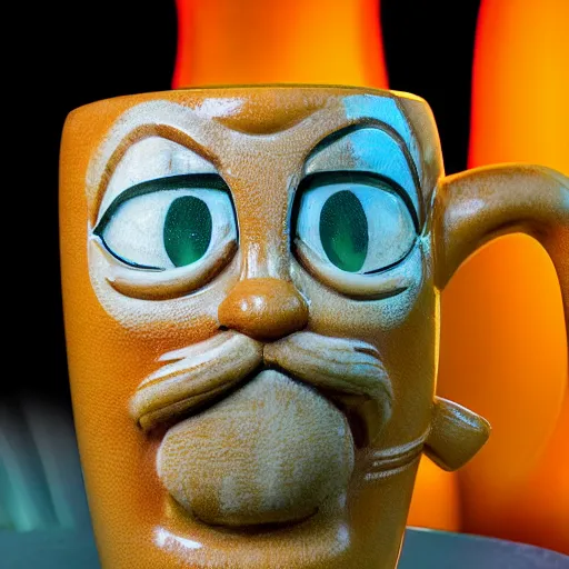 Image similar to a closeup photorealistic photograph of an orange cat garfield style tiki mug at a trader vic's restaurant with garfield's face on the front. tiki party. bright scene. fine detail. this 4 k hd image is trending on artstation, featured on behance, well - rendered, extra crisp, features intricate detail, epic composition and the style of unreal engine.