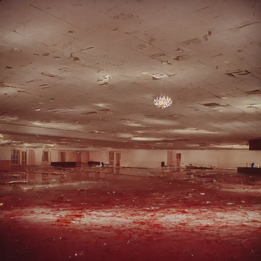 Image similar to 7 0 s movie still of an empty soviet ballroom flooded with blood, cinestill 8 0 0 t 3 5 mm, heavy grain, high quality, high detail