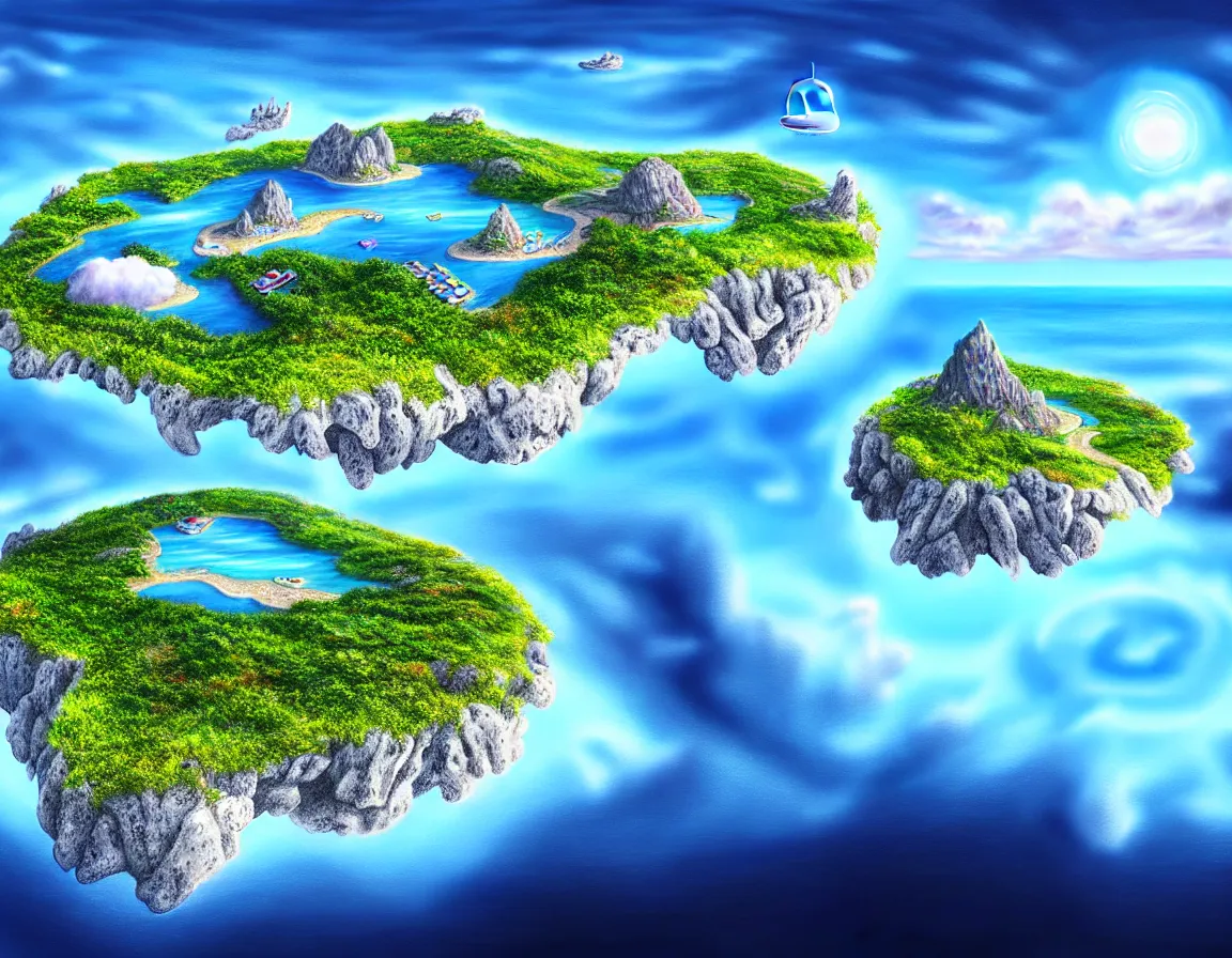 Prompt: ultra realistic illustration of magical island floating in the sky, hd, hdr, low angle camera view, cinematic 8 k, ultra detailed, high resolution, smooth, sharp focus, illustration, art by stanisław wyspianski