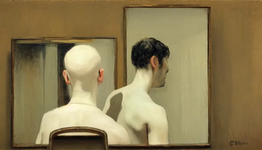 Image similar to painting by borremans, a man looks in the mirror and sees not himself, detailed, stunning