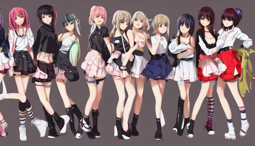 Image similar to group of cute anime characters in very short miniskirts, lightly dressed, ultra detailed digital art, hyper real, detailed, group photo, ultra detailed, ground up angle