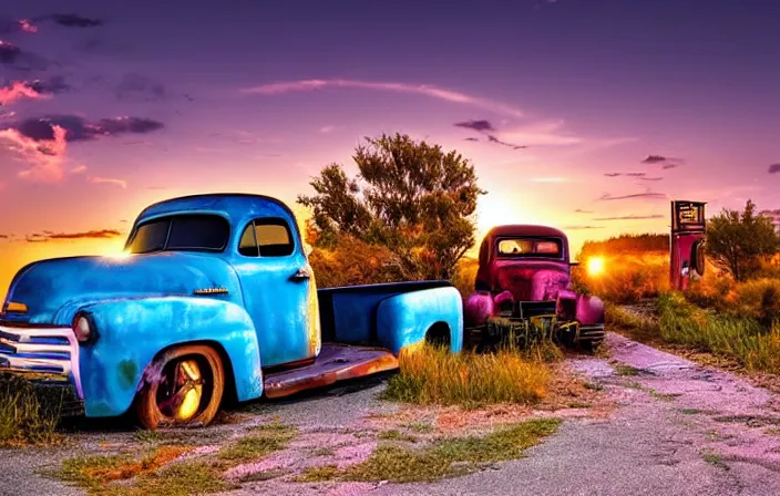 Image similar to A beautiful colorful evening scene of route66, old road with abandoned gas station and rusty old pickup truck, hyper realistic, blinding backlight evening sun, sparkling sun rays, epic scene, intense setting, evening vibe