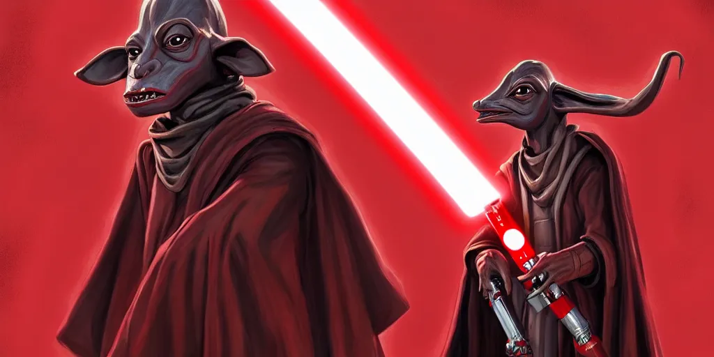 Image similar to jar jar binks as a sith lord, holding a red lightsaber, in the style of artstation