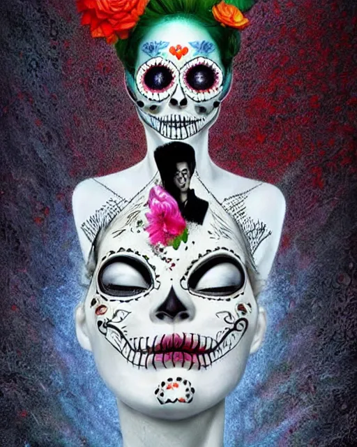 Image similar to dia de los muertos theme surrealist!!!! art in the styles of igor morski, jim warren, and aida muluneh, intricate, hyperrealistic, accurate facial details, profile picture with chromakey!!!!! background, volumetric lighting