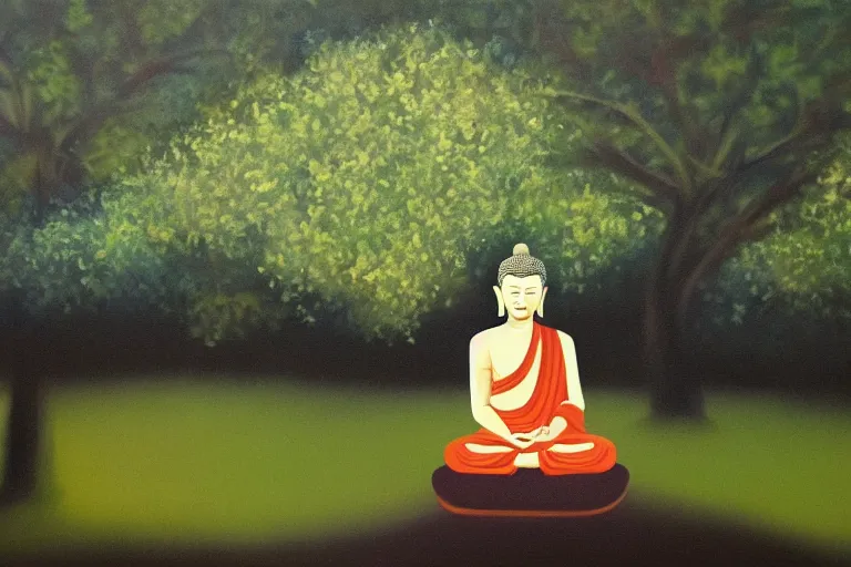 Image similar to painting of a peaceful buddha meditating under a tree, acrylic art, calm, soothing, cosy, elegant, soft light,