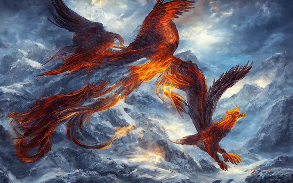 Prompt: game cg painting of a phoenix, a phoenix in a mountain range of ice and snow in nirvana