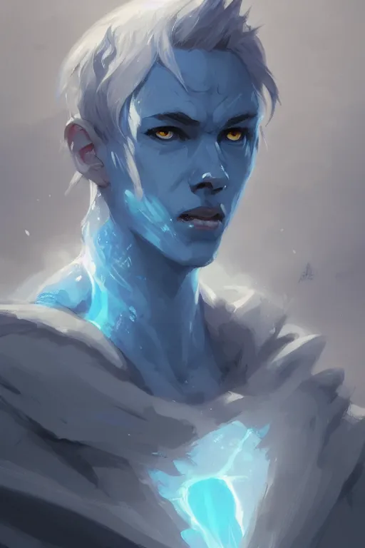 Prompt: portrait of a blue genasi tempest priest by Greg Rutkowski, d&d character, gradient white to cyan, blue ocean, highly detailed portrait, digital painting, artstation, concept art, smooth, sharp foccus ilustration, Artstation HQ