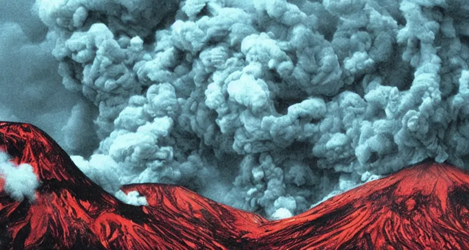 Image similar to a volcano made of ivory vines and crimson rocks enters in eruption, it spits a smoke in the shape of demonic eye, by Eiichiro Oda