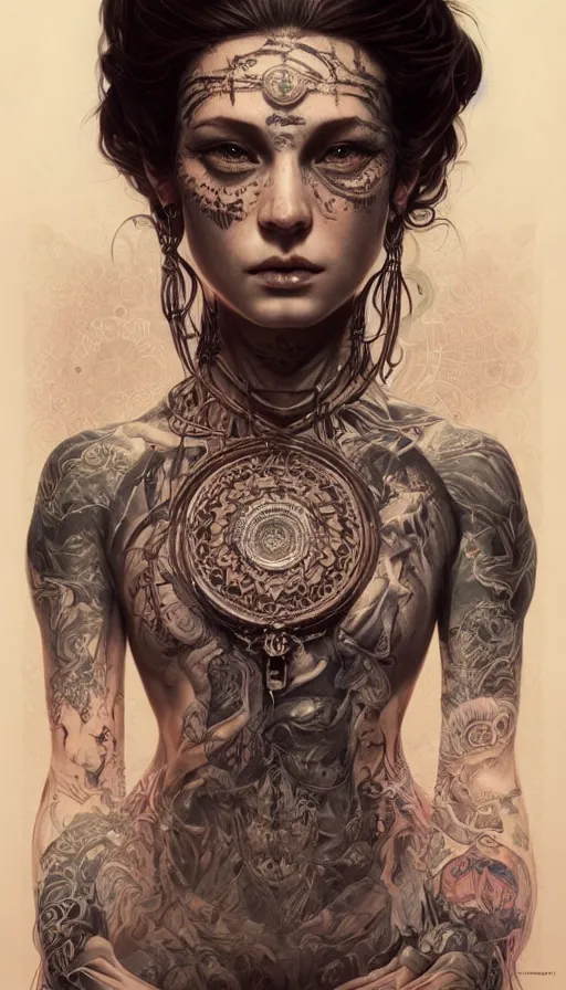 Image similar to fully tattooed girl, shaman clothing, ritual, fame of thrones, fibonacci, sweat drops, insane, intricate, highly detailed, surrealistic, digital painting, artstation, concept art, smooth, sharp focus, illustration, unreal engine 5, 8 k, art by artgerm and greg rutkowski and alphonse mucha