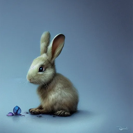 Image similar to adorable baby rabbit pixar character by zdzislaw beksinski, by tiffany bozic, cold hue's, warm tone gradient background, concept art, beautiful composition, digital painting