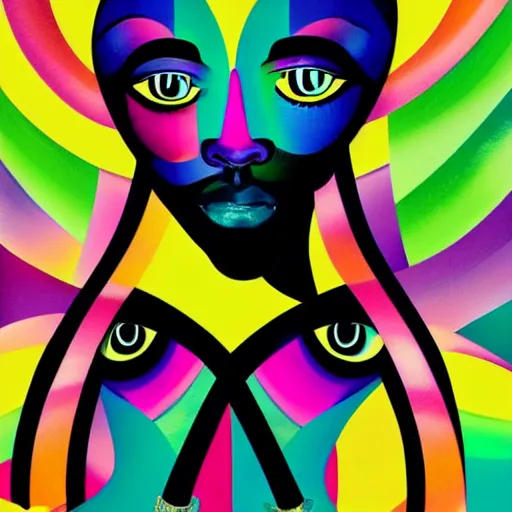 Image similar to closeup portrait of a black woman with yellow eyes and a rainbow background, digital art by tomokazu matsuyama, by ed paschke, behance contest winner, generative art, irridescent, retrowave, grain, androgynous, black background