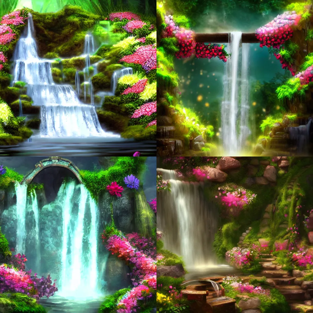 Prompt: waterfall coming out of a calliope covered in flowers, trending on pixiv, 4k, cinematic lighting