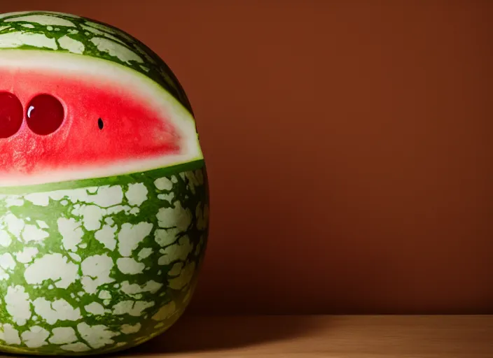 Image similar to photo still of a watermelon with human eyes and mouth, 8 k, studio lighting bright ambient lighting key light, 8 5 mm f 1. 8