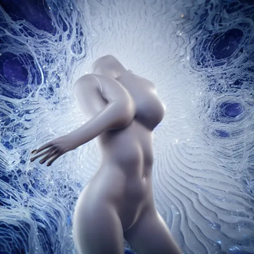 Prompt: 3 d fluid simulation render, octane render, xparticles, white colors, female bodies, female body covered in white blanket, white carved abstract sculpture, amethyst mineral quartz, swirly curls, abstract white fluid, golden edges and fractals