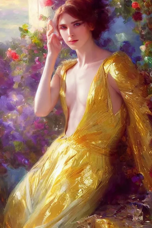 Prompt: cyberpunk beautiful girl, body golden armor, flowing gown by vladimir volegov and alexander averin and delphin enjolras and daniel f. gerhartz