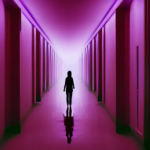 Image similar to long dark corridor with neon purple lights illuminating a woman in a plain, white mask, and wielding a crowbar, standing at the end of the corridor. high quality, ultra detail, realistic, reflective, raytraced reflections, dark corridor, neon purple lights